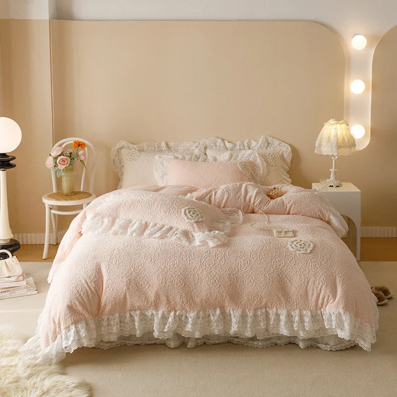 Afralia™ Luxe Carved Velvet Lace Ruffles Bedding Set with Quilted Bed Skirt