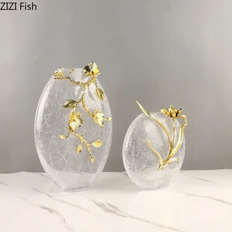 Afralia™ Golden Flower Glass Vase Desk Decoration, Aesthetic Floral Vases, Room Decor