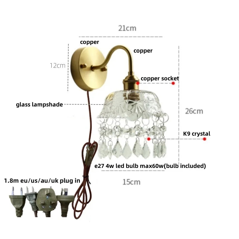 Afralia™ Crystal Vintage LED Wall Lights Pull Chain Switch Luxury Copper E14 Stair Light