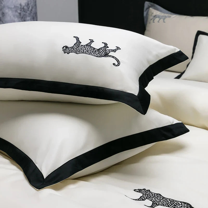 Afralia™ Luxury Leopard Embroidery Egyptian Cotton Bedding Set