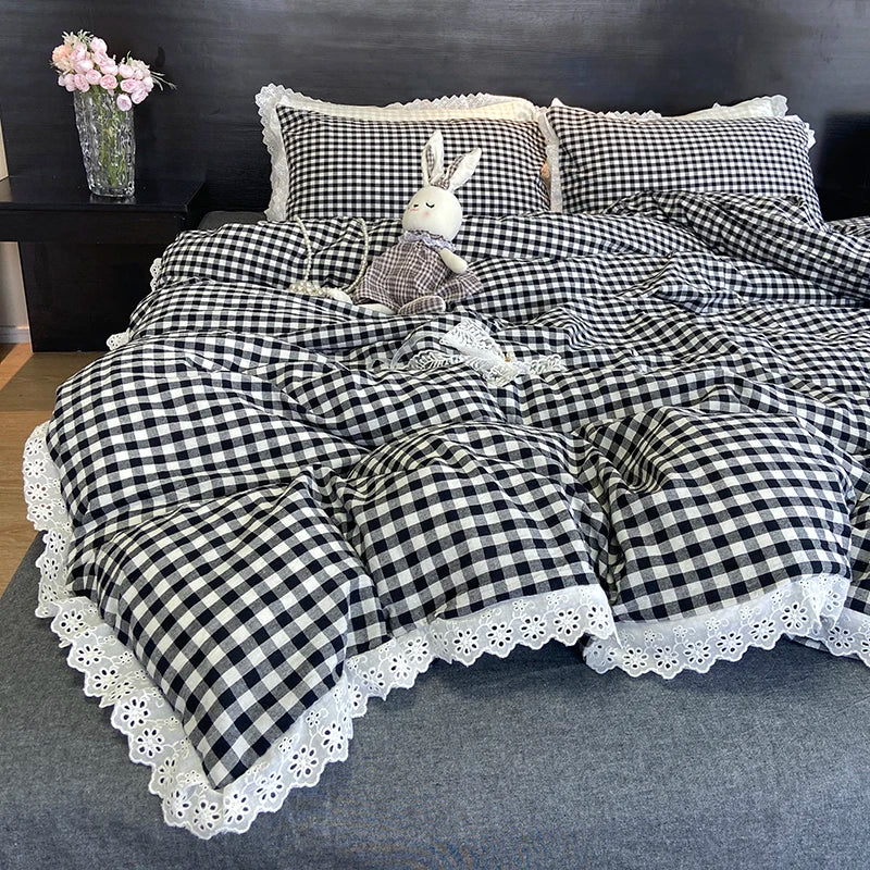 Afralia™ Vintage Lace Cotton Quilt Cover Set, Plaid Design, Black & White, 4Pcs