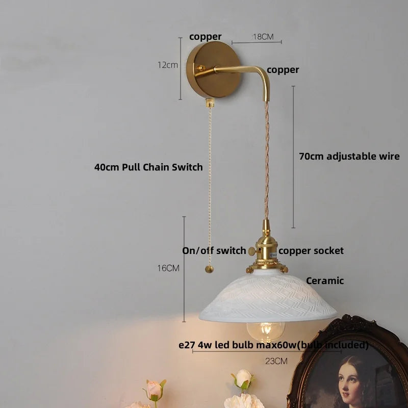 Afralia™ Ceramic Brass LED Wall Light Fixture Pull Chain Switch Bedside Lamp Sconce