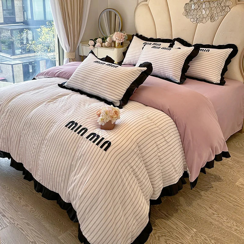 Afralia™ Ruffles Striped Bedding Set for Full Bed - Double-sided Skin-friendly Summer Linens