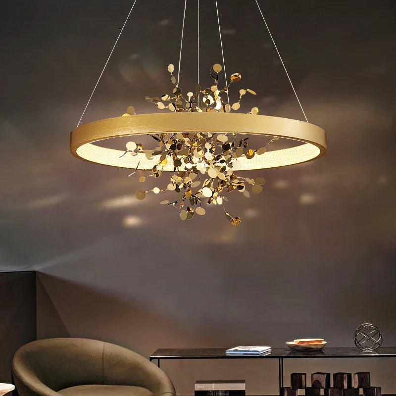 Afralia™ Modern Golden Ring LED Pendant Chandelier for Living Room and Bedroom