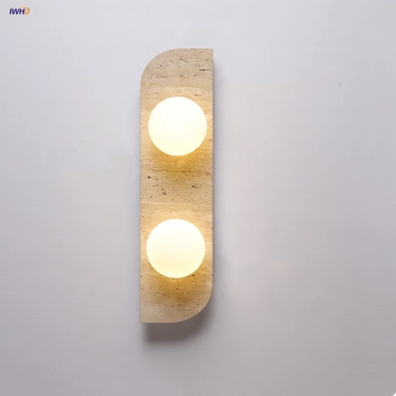 Afralia™ Nordic LED Wall Lamp 2 Glass Ball Yellow Travertine Stone Indoor Wall Light
