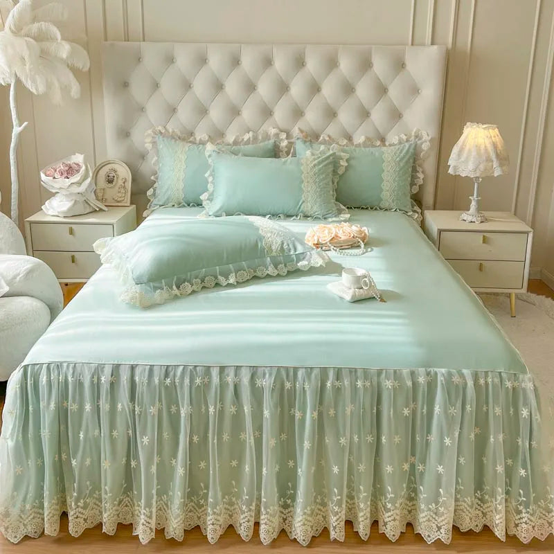 Afralia™ Cotton Lace Princess Bed Sheet Set with Solid Color Bedspread