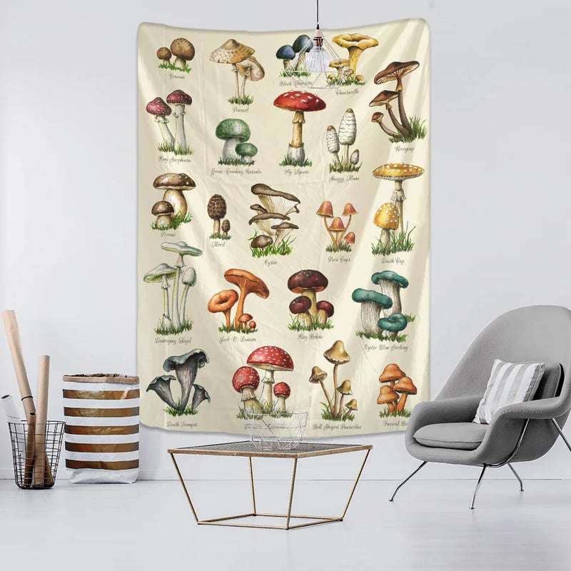 Mushroom Oil Painting Tapestry Wall Hanging by Afralia™ - Boho Tropical Plants Art