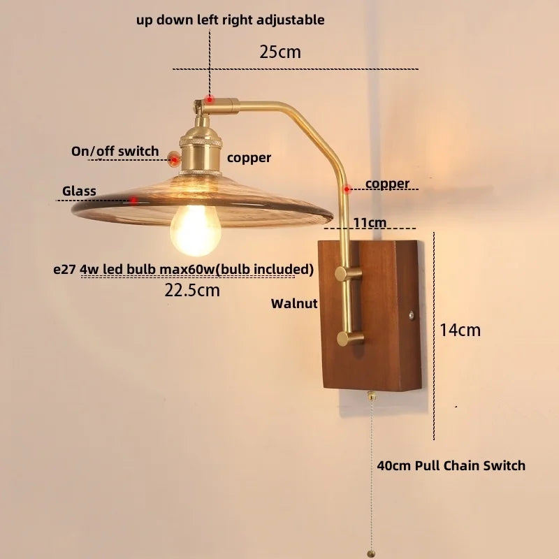 Afralia™ Walnut Wood LED Wall Light Nordic Modern Glass Pull Chain Switch