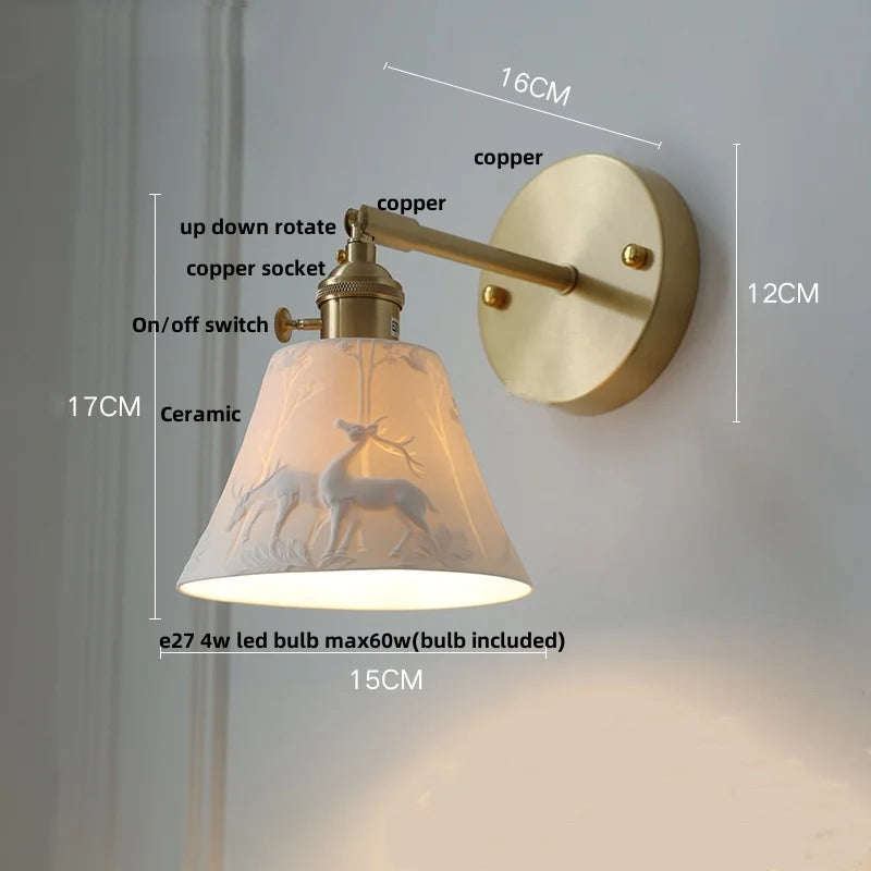 Afralia™ Copper LED Sconce Wall Lamp Pull Chain Switch Nordic Modern Ceramic Mirror Light
