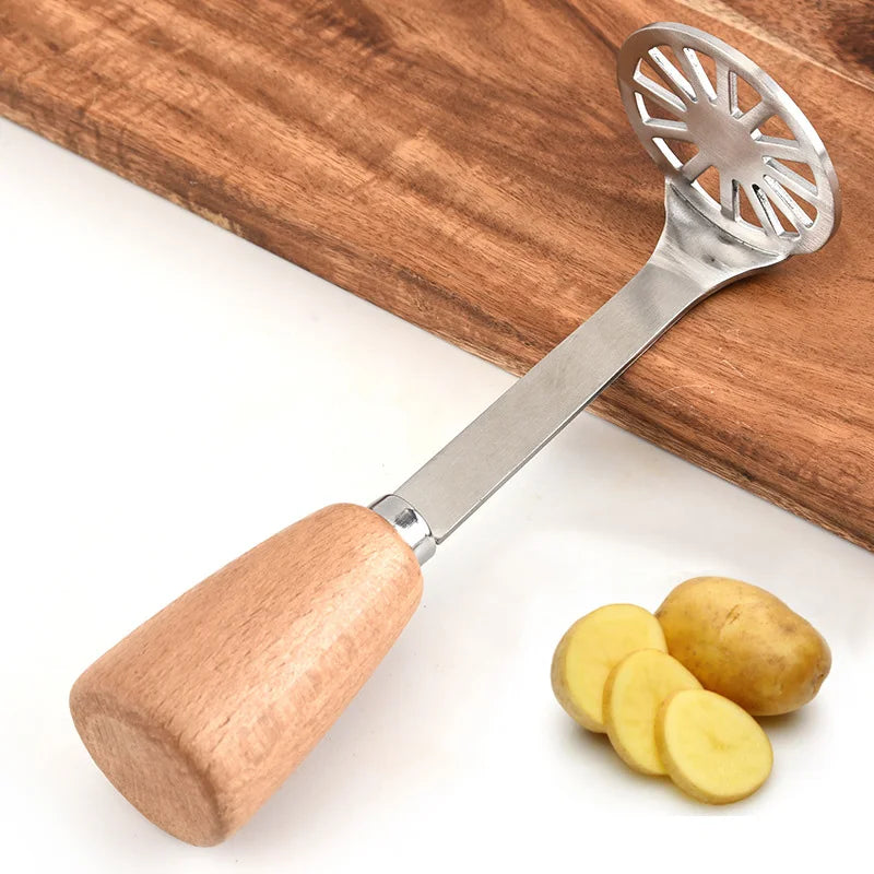 Afralia™ Stainless Steel Wooden Handle Potato Masher & Food Crusher - Multifunction Kitchen Tool