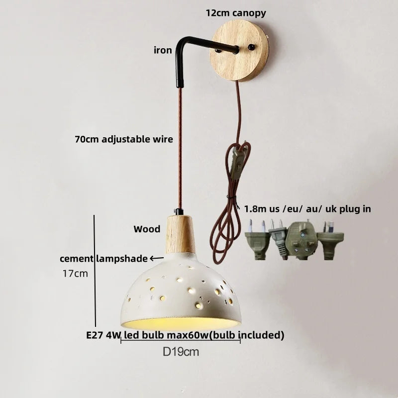 Afralia™ Adjustable Wall Lights Pull Chain Switch Wood Socket Cement Modern Bedside Lamp