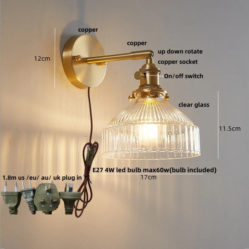 Afralia™ Clear Glass LED Wall Sconce with Pull Chain, Rotating Copper Socket