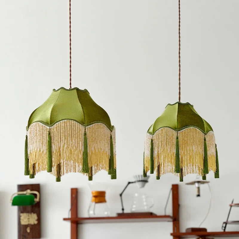 Afralia™ Green Tassel LED Pendant Light - American Vintage Hanging Lamp for Home and Café.