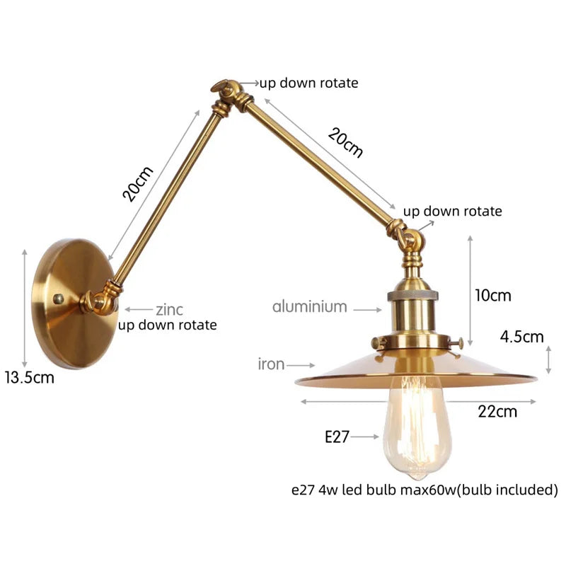 Afralia™ Vintage Industrial Long Arm Adjustable LED Wall Sconce Pull Chain Switch Bedside Lamp