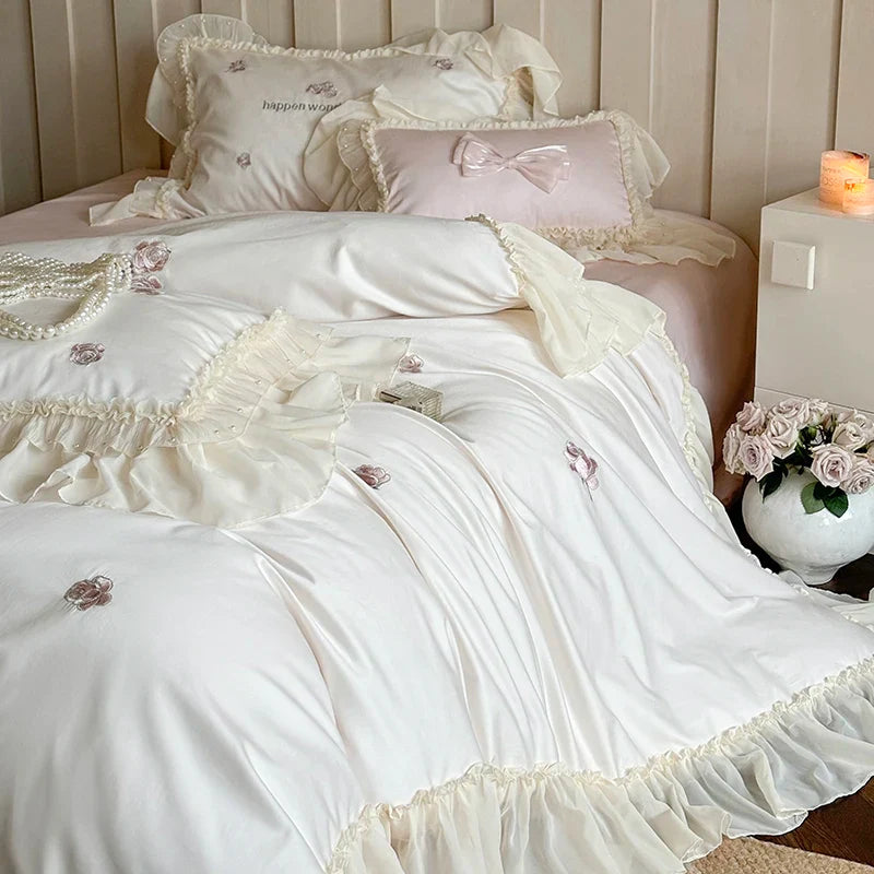 Afralia™ Vintage Rose Embroidery Lace Princess Wedding Bedding Set