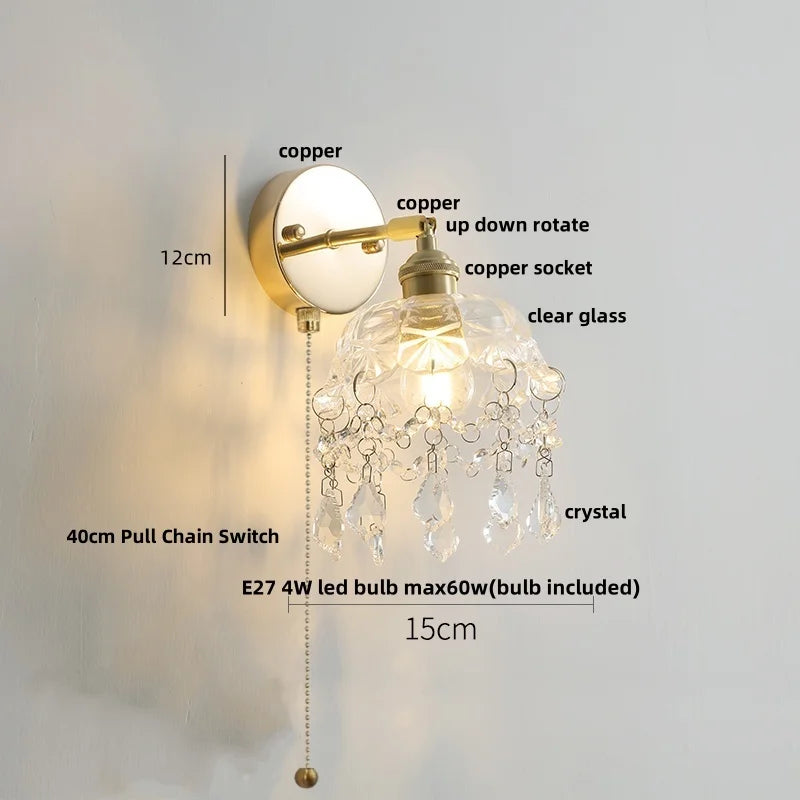 Afralia™ Rotatable LED Wall Sconce Clear Glass Reading Lamp with Pull Chain Switch
