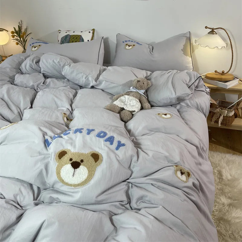 Afralia™ Lovely Bear & Sheep Embroidered Bedding Set - Duvet Cover, Sheets, Pillowcase