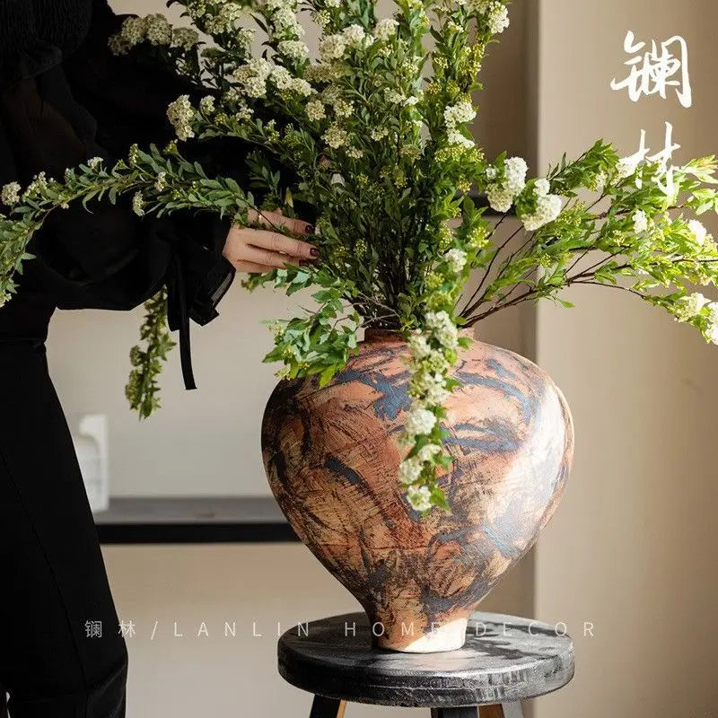 Afralia™ Handmade Ceramic Belly Vase with Floral Ornaments