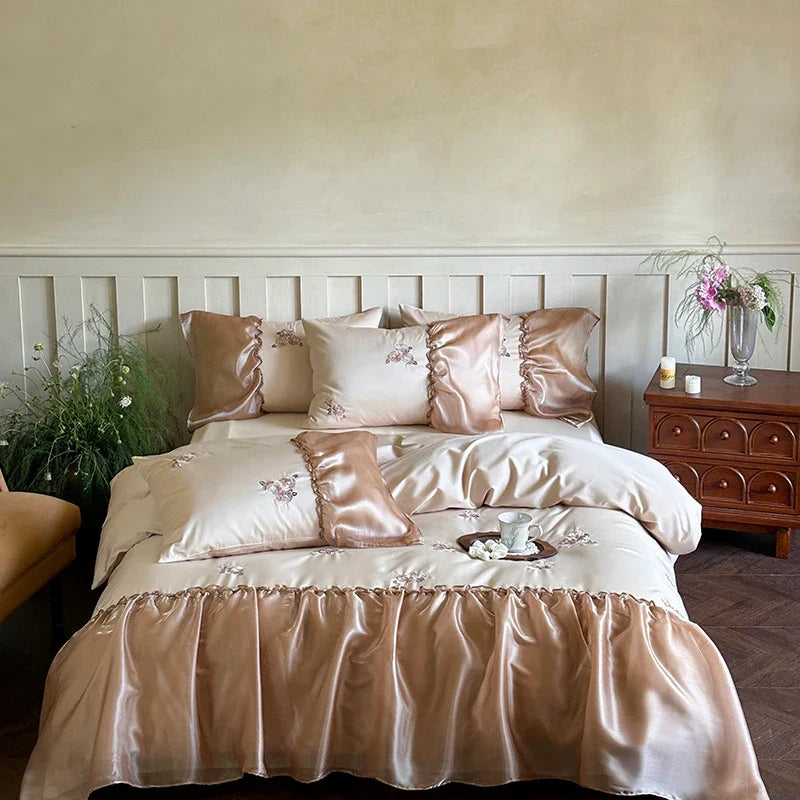Afralia™ Organza Lace Ruffles Flowers Embroidery 1000TC Egyptian Cotton Bedding Set
