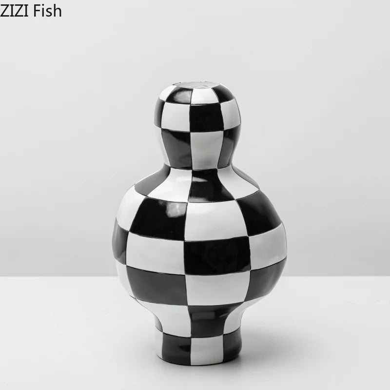 Afralia™ Black White Check Vase Modern Crafts Room Decor Irregular Shaped Desk Decoration