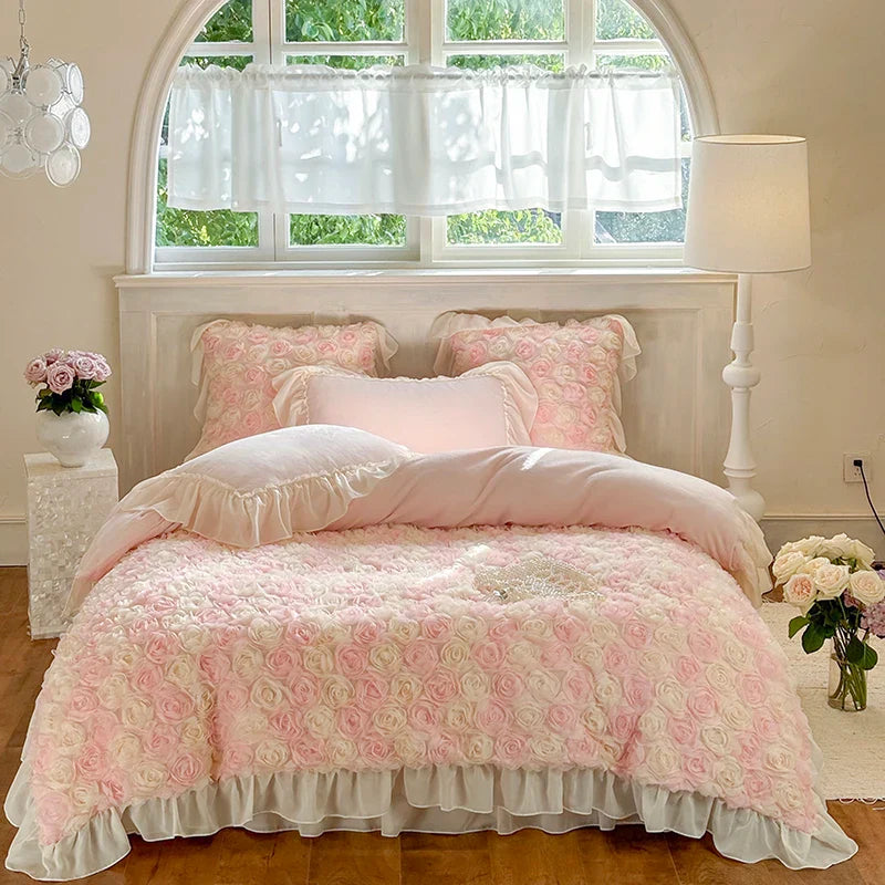 Afralia™ Luxe Rose Lace Ruffles Princess Bedding Set - 4Pcs