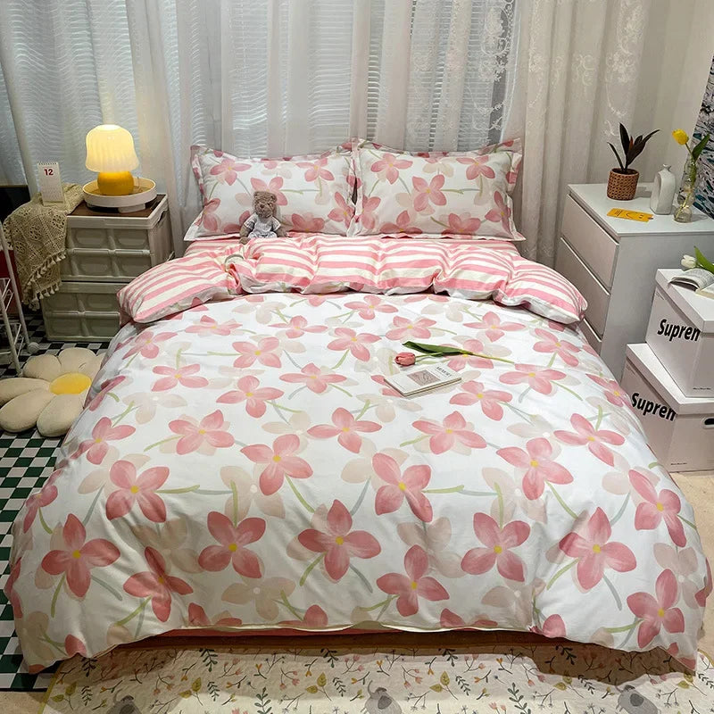 Afralia™ Flowers Print Cotton King Size Bedding Set, Soft & Comfortable Duvet Cover Set