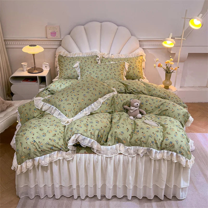 Afralia™ Princess Lace Ruffles Floral Bedding Set with Duvet Cover and Bed Skirt