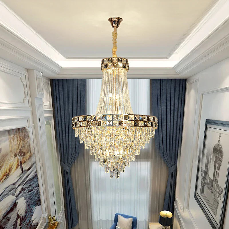 Afralia™ Smart Dimming Crystal Chandelier for Luxury Villa Living Room, High-end Duplex Building Atmosphere