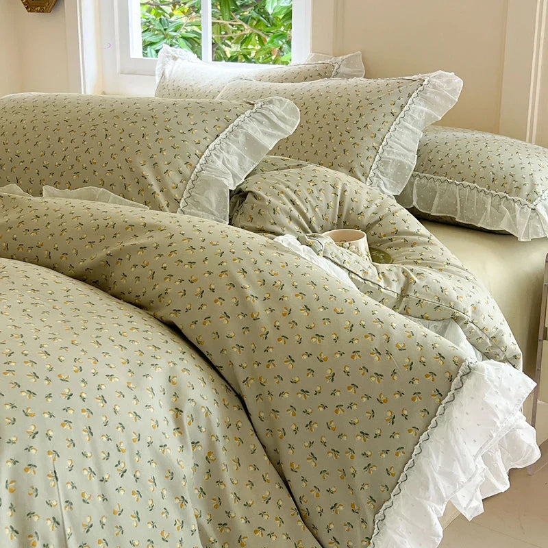 Afralia™ Floral Lace Ruffle Cotton Bedding Set with Quilt Cover, Duvet Cover, and Pillowcases