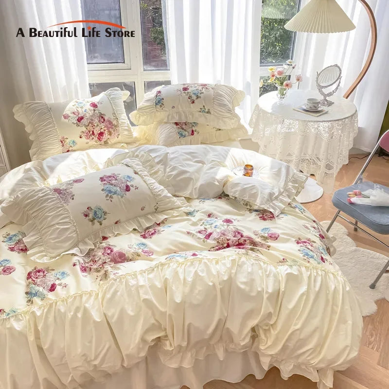 Afralia™ Rose Print Cotton Bedding Set with Pleated Ruffles and French-Inspired Design