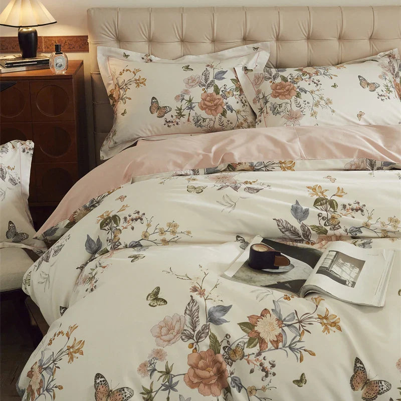 Afralia™ Butterfly Blooming Flowers Print 100% Egyptian Cotton Bedding Set