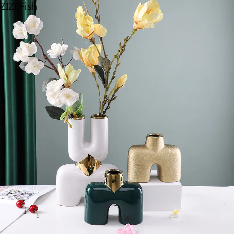 Afralia™ Gold Geometry Ceramic Vase Desk Decoration Modern Floral Room Decor Vase