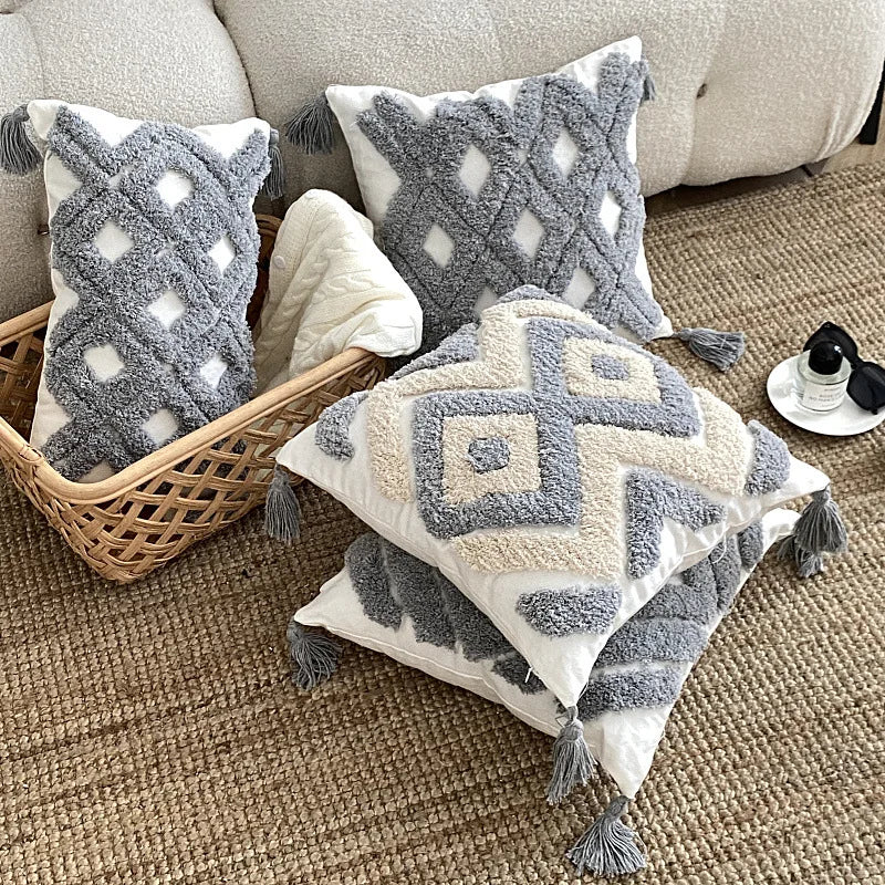 Geometric Tufted Cotton Canvas Pillowcase with Tassels by Afralia™