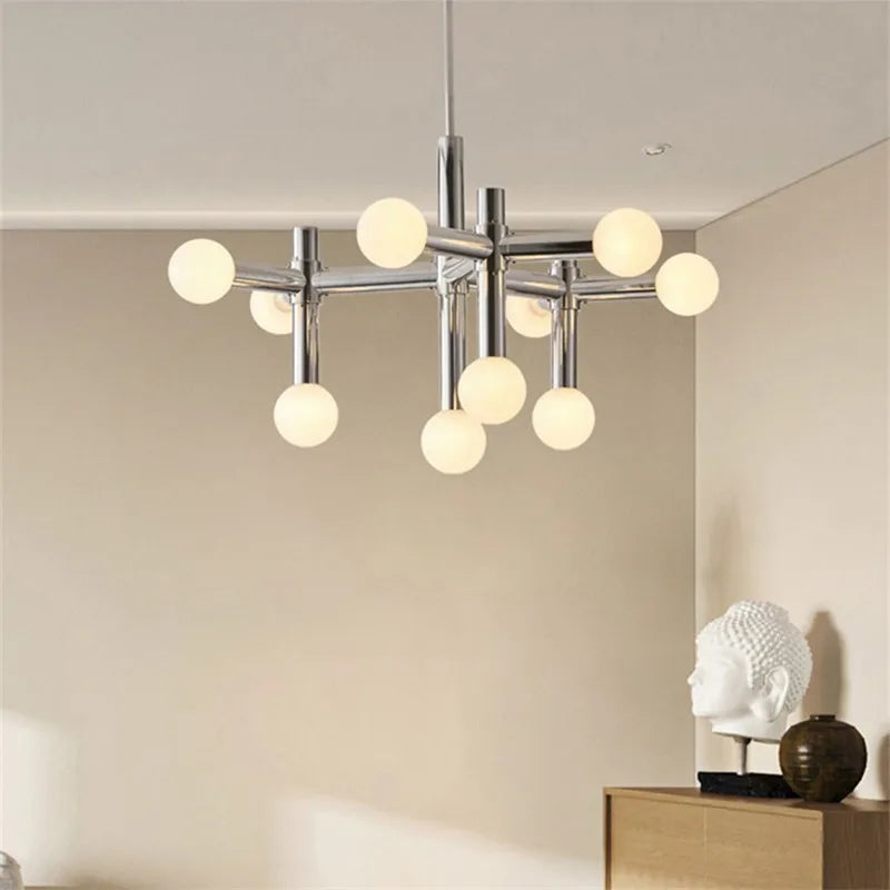 Afralia™ Tubular Chrome Chandelier with White Glass Shades - Modern Mid-Century Lighting