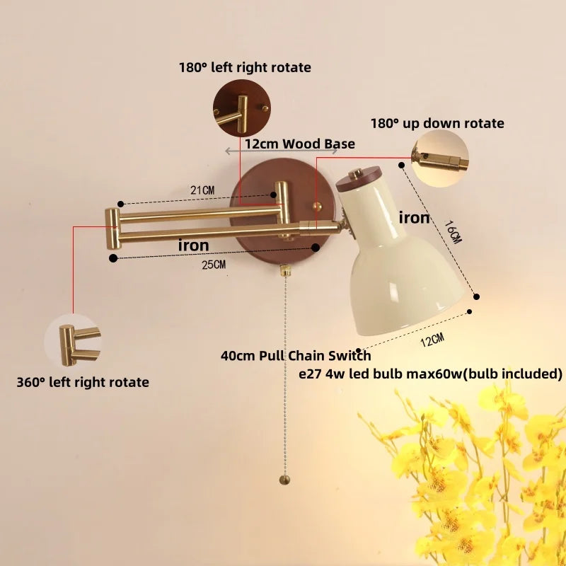 Afralia™ Modern Wood Wall Light with Swing Arm, Rotatable Design & Pull Chain Switch