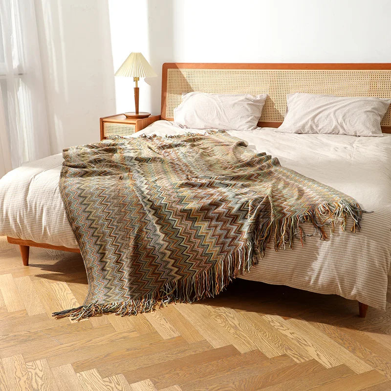 Afralia™ Bohemian Knitted Blanket with Tassels, Oversized Vintage Style Blanket