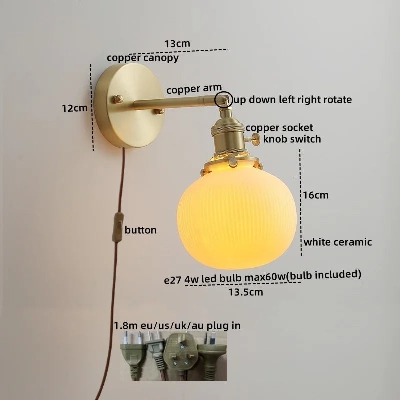 Afralia™ Ceramic LED Wall Light with Pull Chain Switch for Bedroom Bathroom Living Room