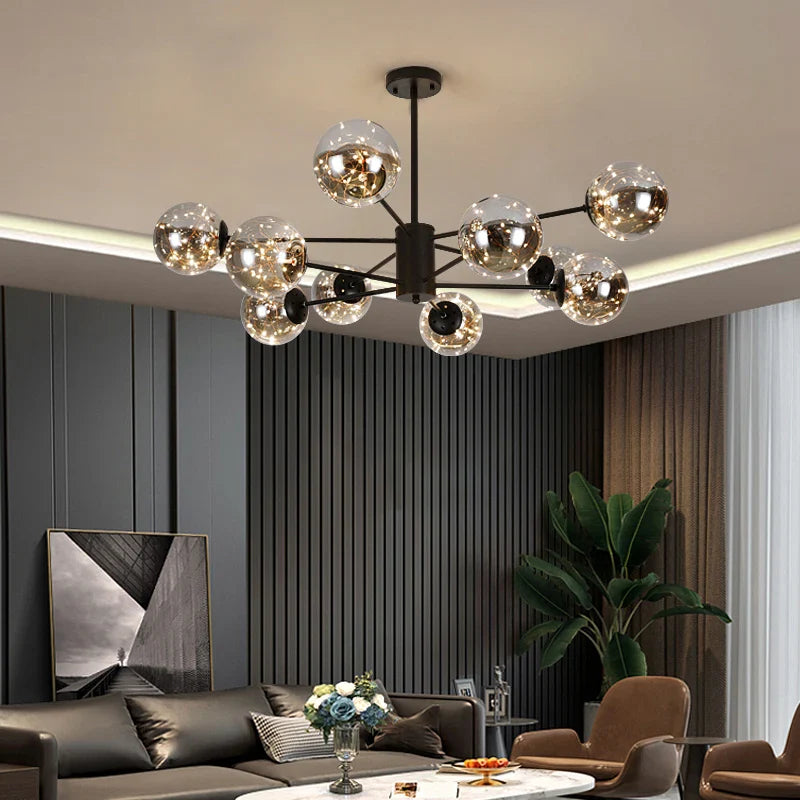 Afralia™ Black Glass Ball Chandelier: Luxury Dimmable Pendant Lamp for Living Room & Bedroom.
