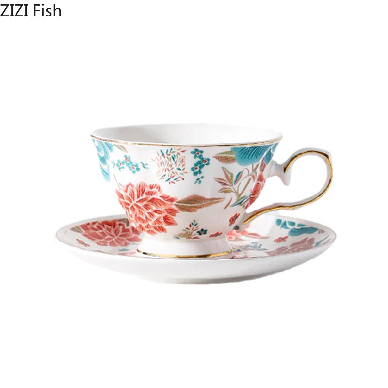 Afralia™ Painted Floral Teacup with Golden Edge - Porcelain Mug for Coffee and Tea