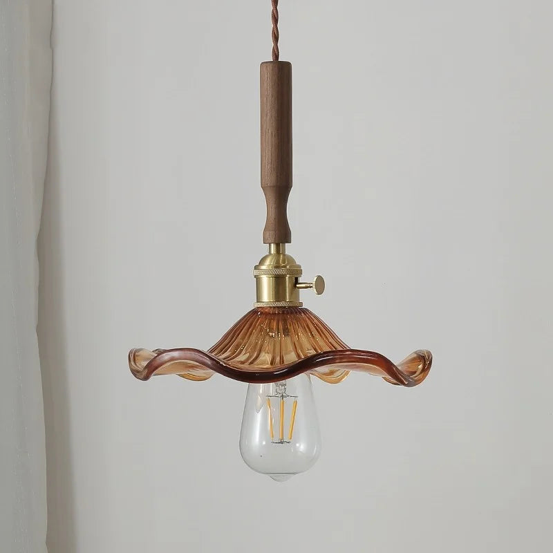 Afralia™ Amber Glass LED Pendant Light, Nordic Modern Design, Walnut Wood, Dining Living Room Lighting