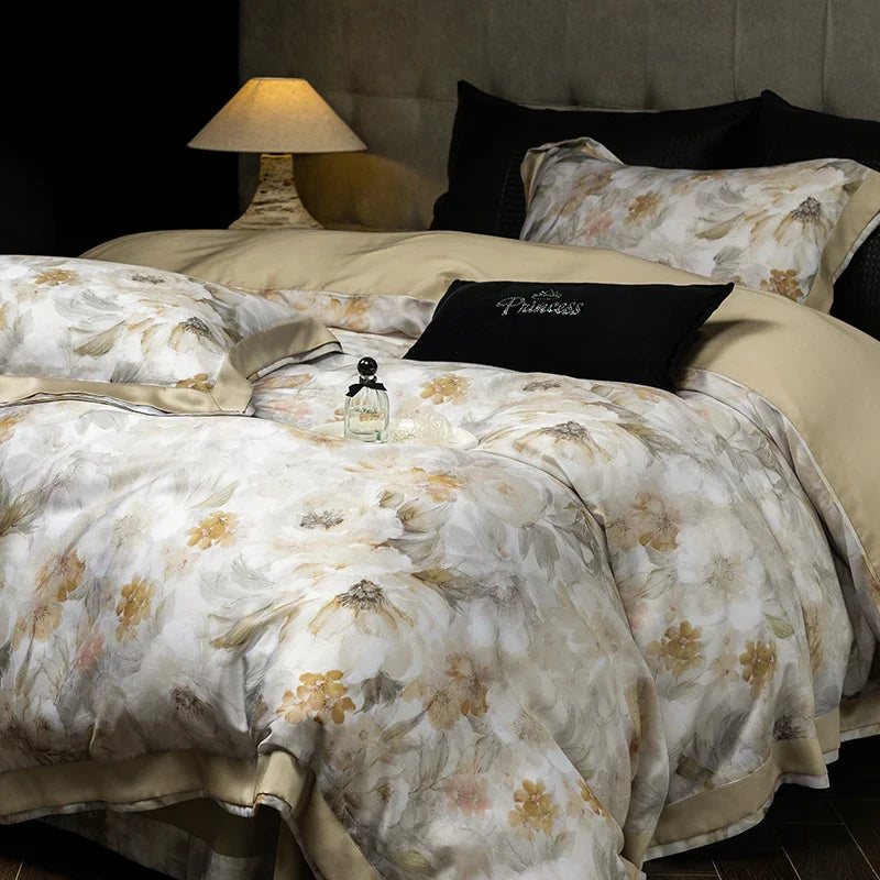 Afralia™ Eucalyptus Fiber Floral Print Bedding Set: Duvet, Sheet, Pillowcases - 4Pcs