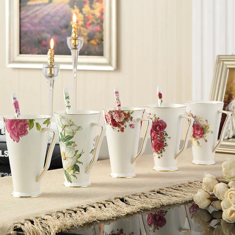 Afralia™ Floral Bone China Tea Mug with Spoon and Elegant European Design