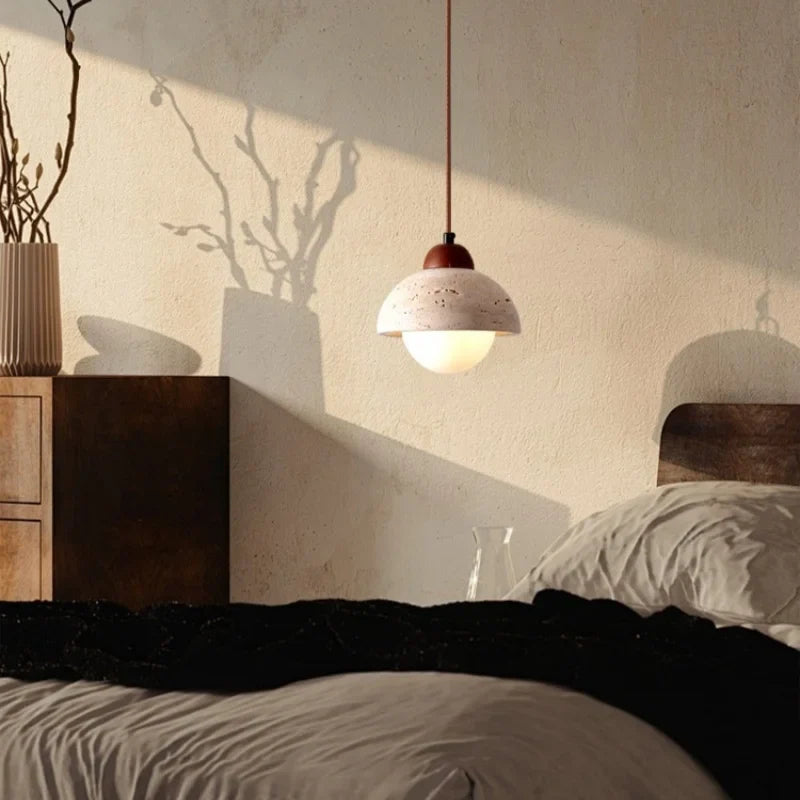 Afralia™ Wood Stone LED Pendant Light Yellow Travertine Modern Luminaria