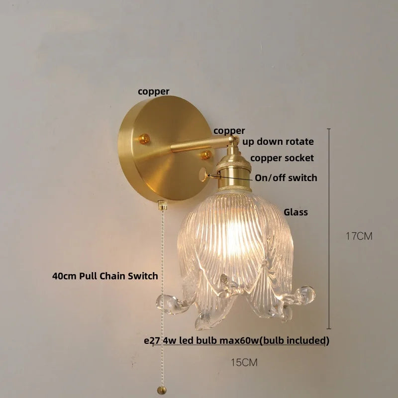 Afralia™ Vintage Clear Glass Wall Lamp Sconce with Pull Chain Switch and LED Rotation