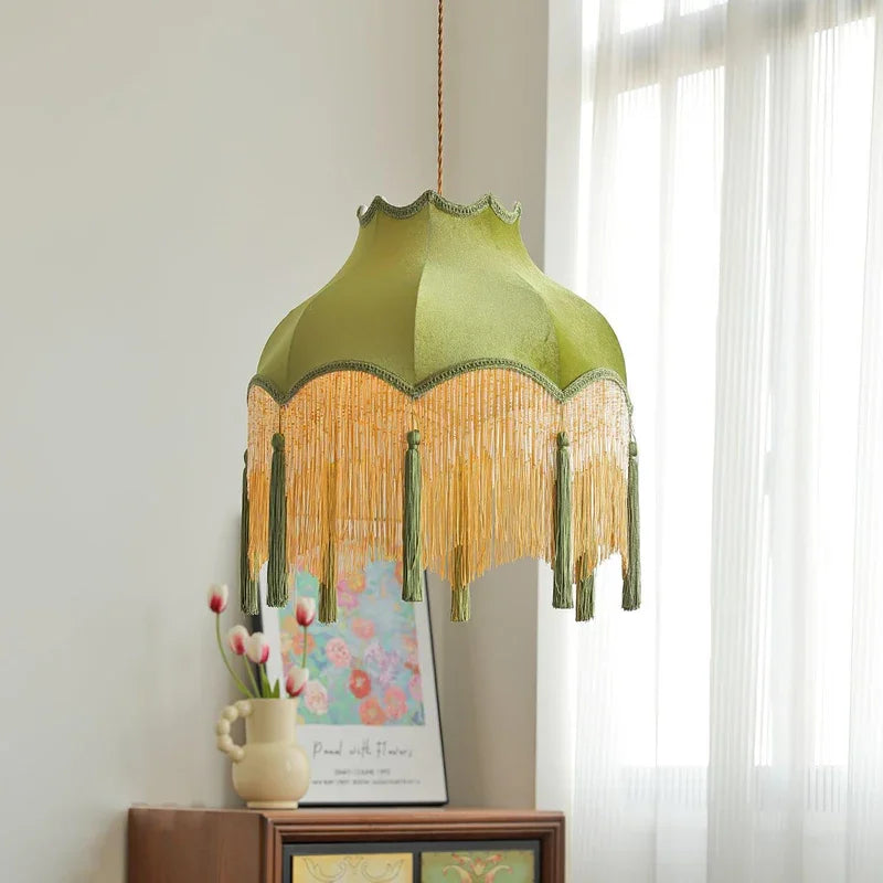 Afralia™ Vintage Green Tassel Pendant Light with Cloth Lamp Shade