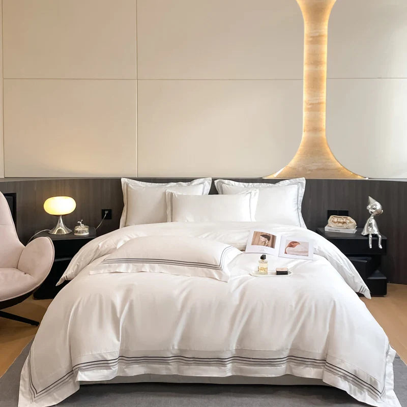 Afralia™ Luxury Hotel Bedding Set | Cotton | Queen King Size | Embroidered Solid Color