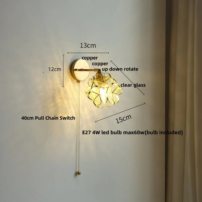 Afralia™ Pink Flower Glass Wall Light Fixture for Bedroom with Pull Chain Switch