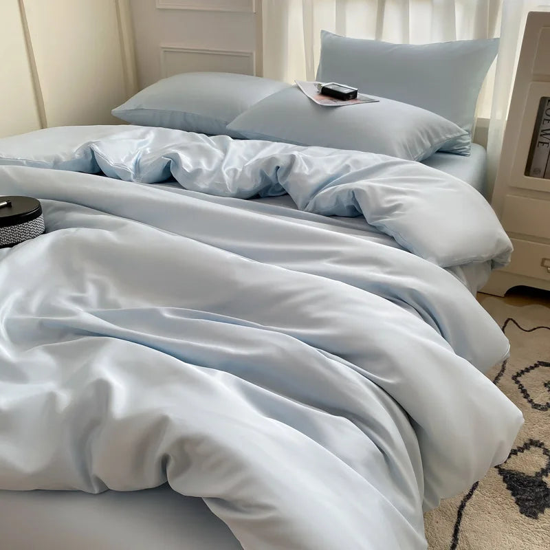 Afralia™ Satin Ice Silk Bedding Set - Double Sided Faux Silk Duvet Cover, Sheet & Pillowcases