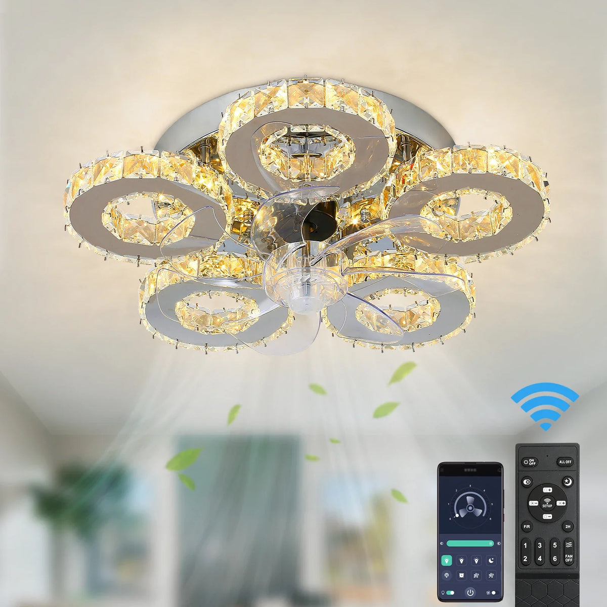 Afralia™ Crystal Luxury Ceiling Fan with LED Lamp Chandelier Smart Home Decor Fixtures