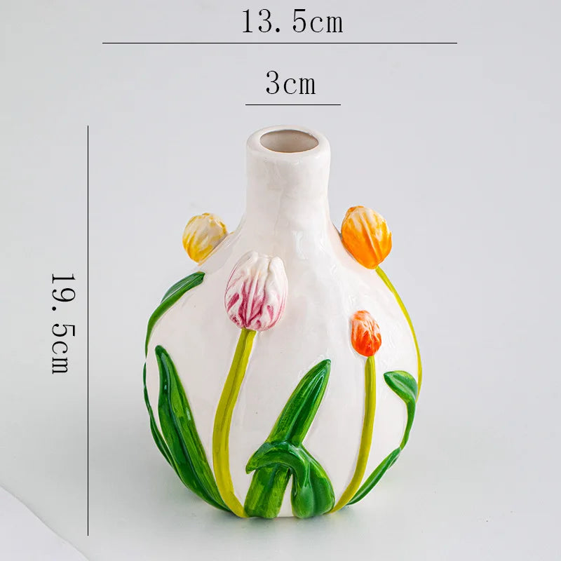Afralia™ Tulip Embossed Ceramic Vase - Colorful Floral Pattern - Home Décor Vase